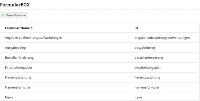 Formulare = FormularBOX Extranet Formulare Vorlagen Uebersicht